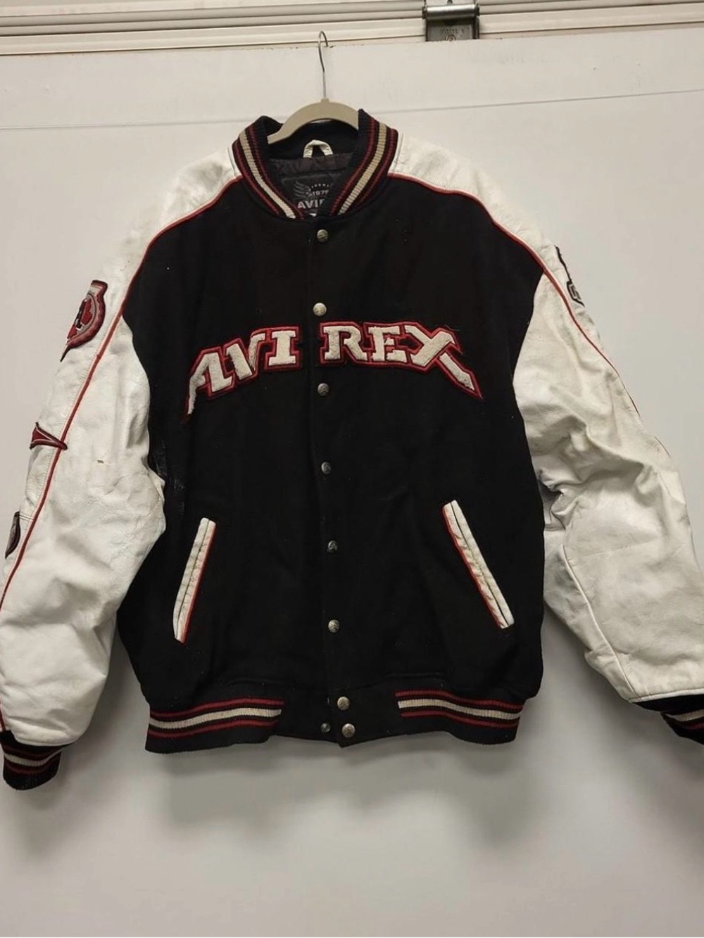 Avirex Black and White Varsity Jacket with Red Accents